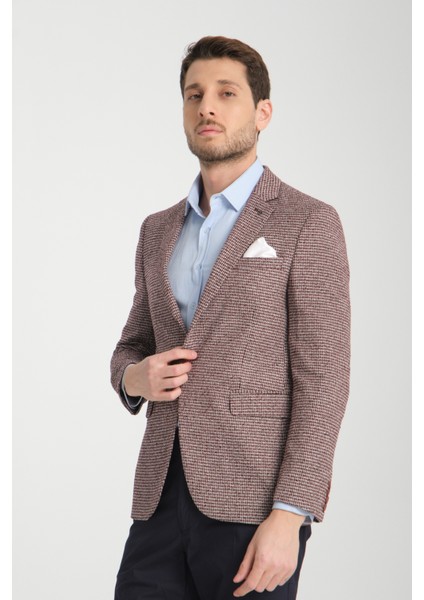 Pico Erkek Bordo Kendinden Desenli Örme Kumaş Slim Fit Mono Yaka Dar Kesim Blazer Ceket modelleri