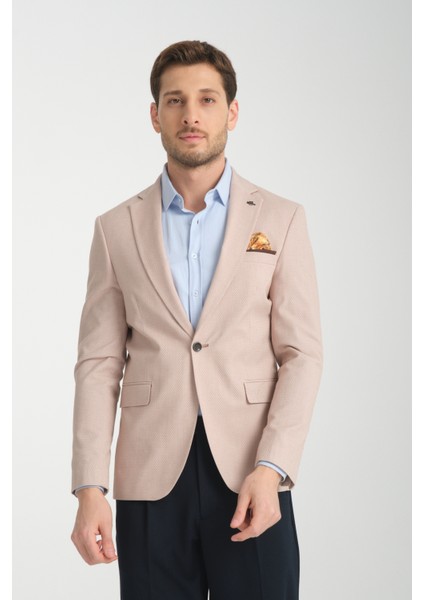Odessa Erkek Haki Kendinden Desenli Mevsimlik Mono Yaka Slim Fit Blazer Ceket