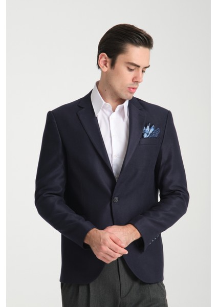 Str Erkek Indigo Slim Fit Mono Yaka Kendinden Desenli Blazer Ceket