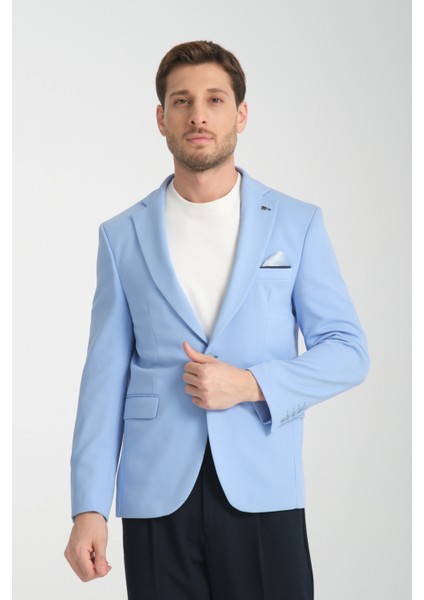 Bortolo Erkek Lacivert Örme Esneyen Likralı Mono Yaka Slim Fit Blazer Ceket