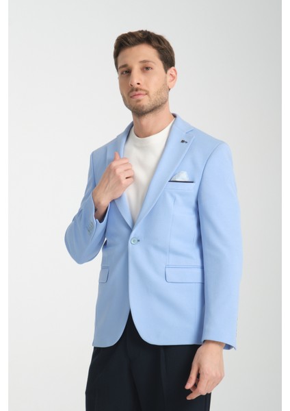 Bortolo Erkek Lacivert Örme Esneyen Likralı Mono Yaka Slim Fit Blazer Ceket