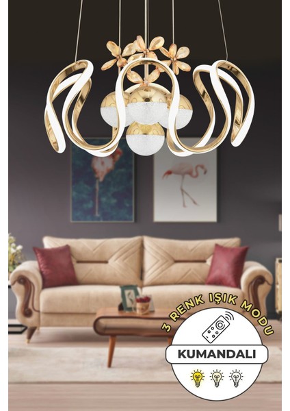Oliver Kumandalı 3 Renk Işık Özellikli Modern Gold Kaplama Sarkıt LED Avize Salon Avize