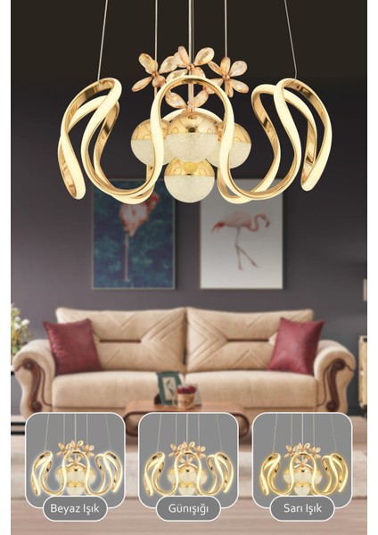 Oliver Kumandalı 3 Renk Işık Özellikli Modern Gold Kaplama Sarkıt LED Avize Salon Avize