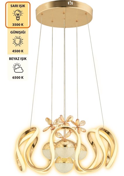 Oliver Kumandalı 3 Renk Işık Özellikli Modern Gold Kaplama Sarkıt LED Avize Salon Avize