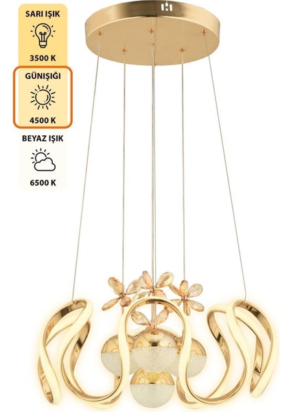 Oliver Kumandalı 3 Renk Işık Özellikli Modern Gold Kaplama Sarkıt LED Avize Salon Avize