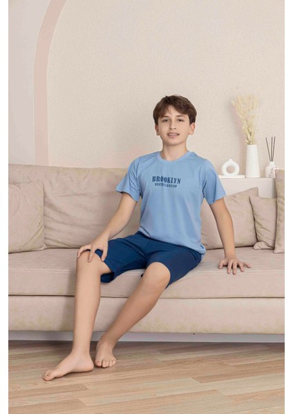 Erkek Çocuk Mavi Desenli Şortlu Pijama Takımı