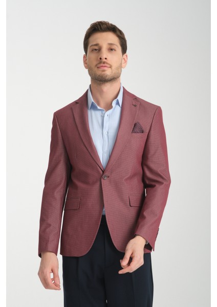 Agabio Erkek Lacivert Kendinden Desenli Slim Fit Mono Yaka Spor Blazer Ceket