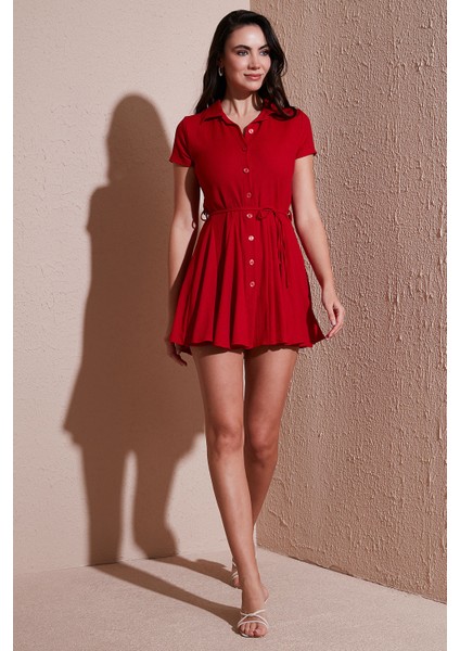 Bağlama Detaylı Mini Gömlek Elbise Bayan Elbise 5869006