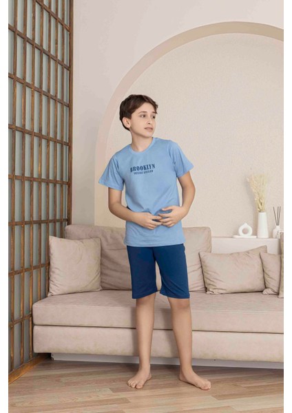 Erkek Çocuk Mavi Desenli Şortlu Pijama Takımı