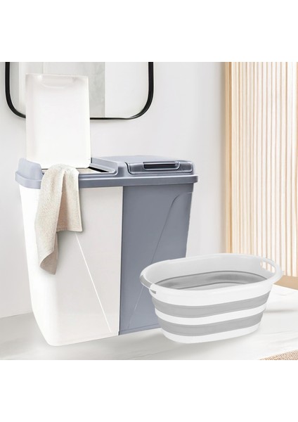 2'li Çamaşır Sepeti Seti - 90 Lt Iki Bölmeli Kirli Çamaşır Sepeti Katlanabilir Akordiyon Sepet Gri