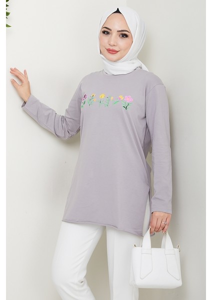 Çiçek Desen Tesettür Tunik 1425 - Taş