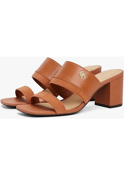 Kadın Kahverengi Deri Blok Topuklu Terlik