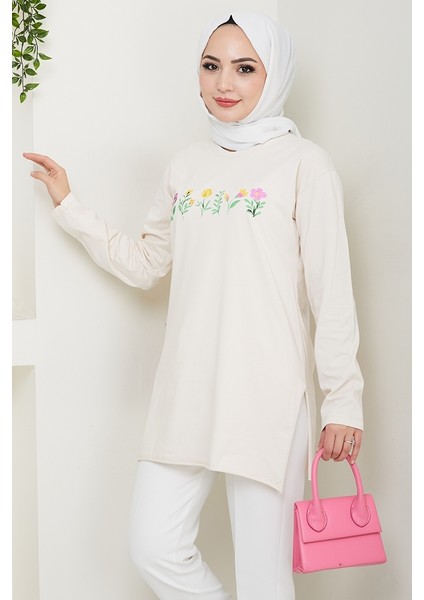 Çiçek Desen Tesettür Tunik 1425 - Bej