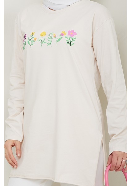Çiçek Desen Tesettür Tunik 1425 - Bej