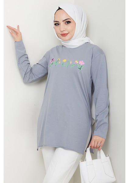 Çiçek Desen Tesettür Tunik 1425 - Gri modelleri