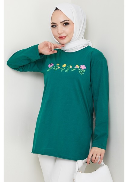 Çiçek Desen Tesettür Tunik 1425 - Zümrüt Yeşili