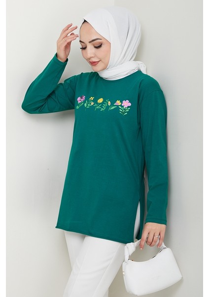 Çiçek Desen Tesettür Tunik 1425 - Zümrüt Yeşili