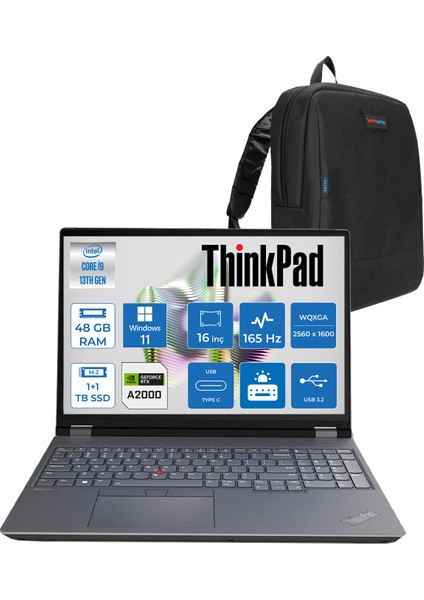 Thinkpad Mws P16 Gen2 Intel I9-13980HX 48GB 5600MHZ 1tbssd+1tbss D8GB/RTX2000ADA 16" Wqxga 165Hz (2560X1600) IPS 500NITS Windows 11 Pro Taşınabilir Workstation W21FA0003TXW28+ZETTAÇANTA