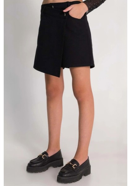 Beli Ayarlanabilir Lastikli Cepli Düğmeli Kruvaze Pamuklu Kot Şort Etek