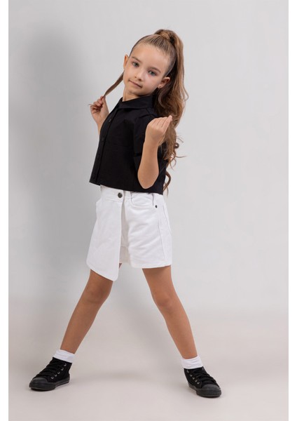 Beli Ayarlanabilir Lastikli Cepli Düğmeli Kruvaze Pamuklu Kot Şort Etek