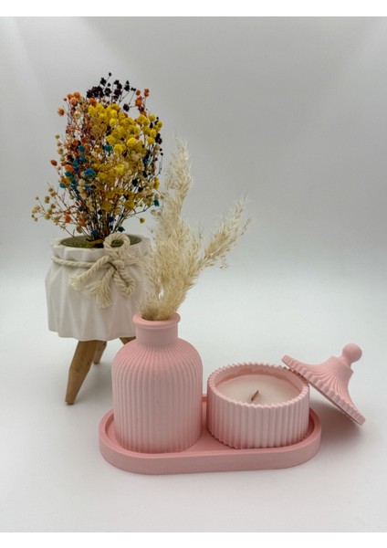 Japon Kiraz Çiçeği Kokulu, Özel Tasarım Mum Vazo ve Tepsi Aksesuar Seti