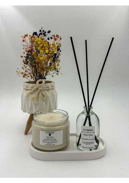 Kavun Kokulu Ip Fitilli Mum ve Oda Kokusu Seti (Tabak Dahil)