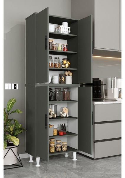 AE-2086 Bala Antrasit Gri Çok Amaçlı Mutfak Dolabı & Banyo Dolabı, Kiler, 4 Kapaklı, Raflı, Ayaklı
