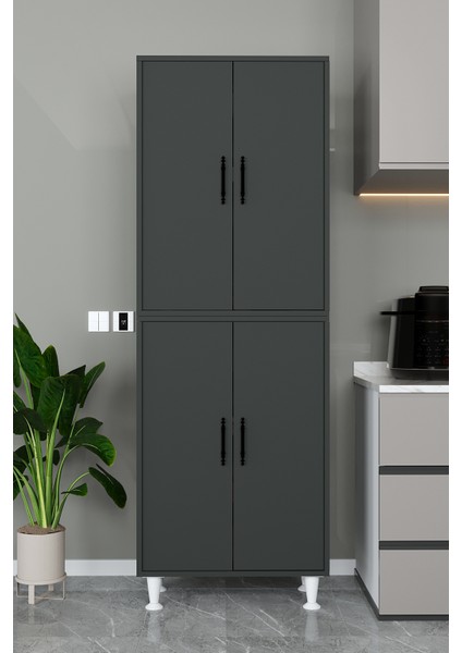 AE-2086 Bala Antrasit Gri Çok Amaçlı Mutfak Dolabı & Banyo Dolabı, Kiler, 4 Kapaklı, Raflı, Ayaklı