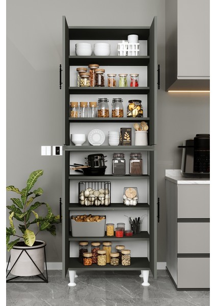 AE-2086 Bala Antrasit Gri Çok Amaçlı Mutfak Dolabı & Banyo Dolabı, Kiler, 4 Kapaklı, Raflı, Ayaklı