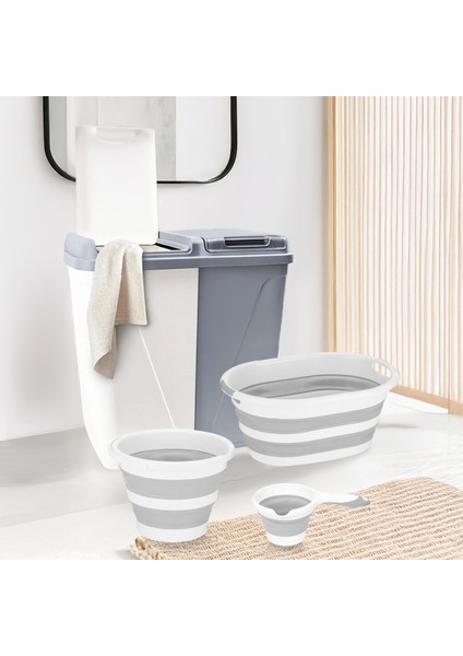 4'lü Set - 90 Lt Iki Bölmeli Kirli Çamaşır Sepeti Katlanabilir Sepet Akordiyon Su Kovası Maşrapa Gri