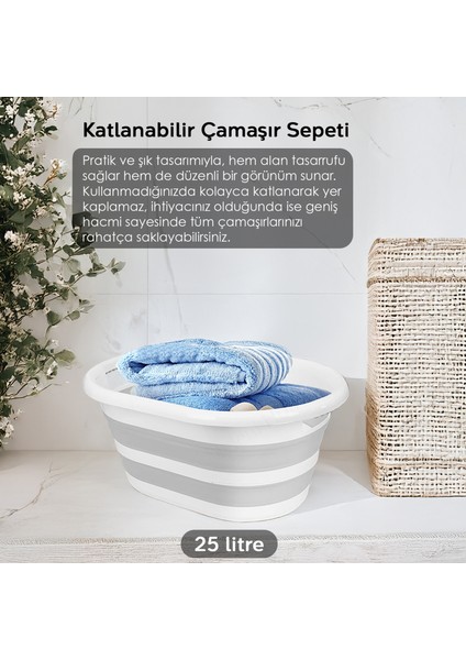 4'lü Set - 90 Lt Iki Bölmeli Kirli Çamaşır Sepeti Katlanabilir Sepet Akordiyon Su Kovası Maşrapa Gri fiyatları
