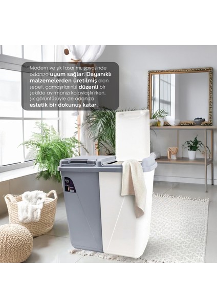 4'lü Set - 90 Lt Iki Bölmeli Kirli Çamaşır Sepeti Katlanabilir Sepet Akordiyon Su Kovası Maşrapa Gri modelleri