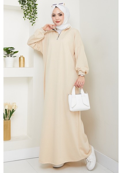Eyzen Yarım Fermuarlı Elbise 1423 - Bej