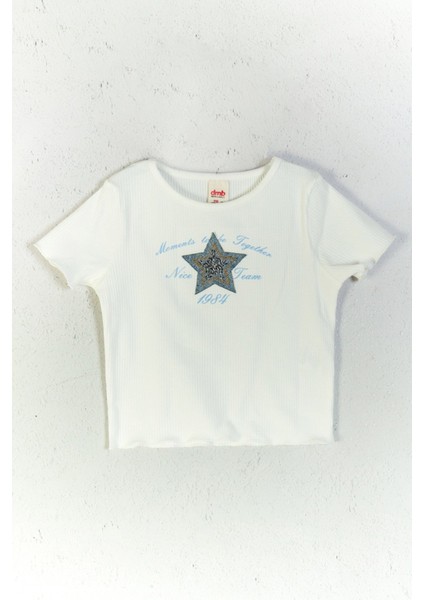 Yıldız Desenli Kısa Kollu Ribana Dokulu Pamuklu Rahat Kız Çocuk T-Shirt