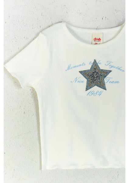 Yıldız Desenli Kısa Kollu Ribana Dokulu Pamuklu Rahat Kız Çocuk T-Shirt