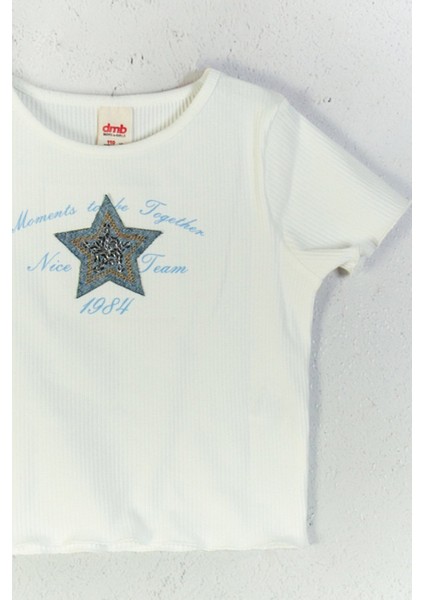 Yıldız Desenli Kısa Kollu Ribana Dokulu Pamuklu Rahat Kız Çocuk T-Shirt