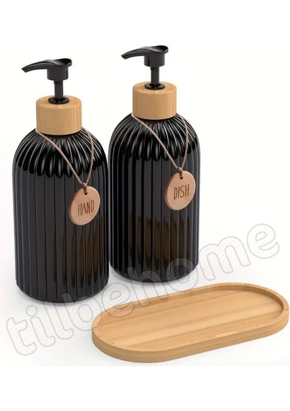 2’li Hands Dishes Siyah Dekoratif Mutfak Banyo Sıvı Cam Sabunluk Seti 500ML Bambu Stantlı Set