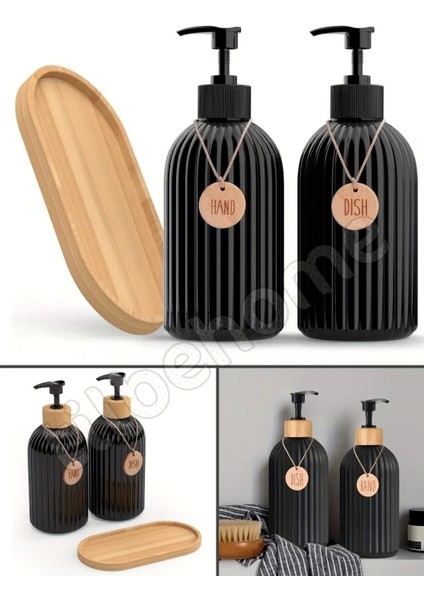 2’li Hands Dishes Siyah Dekoratif Mutfak Banyo Sıvı Cam Sabunluk Seti 500ML Bambu Stantlı Set