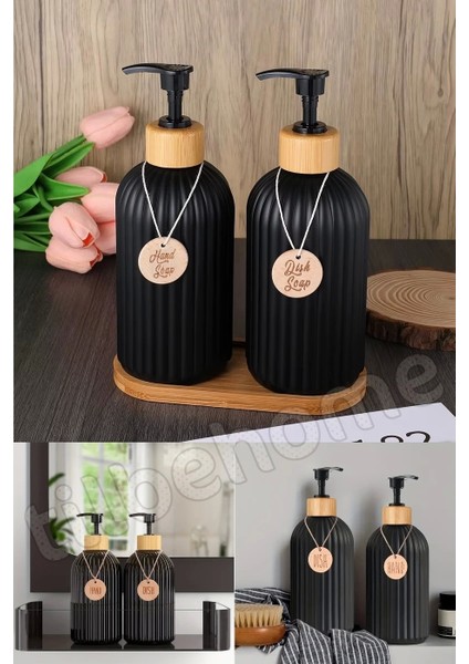 2’li Hands Dishes Siyah Dekoratif Mutfak Banyo Sıvı Cam Sabunluk Seti 500ML Bambu Stantlı Set
