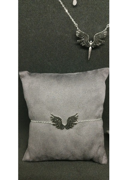 925 Ayar Gümüş Kanatlı Taşlı Takı Seti - Kolye, Küpe, Bileklik ve Yüzük Kombini (13 Gr.) fırsatları