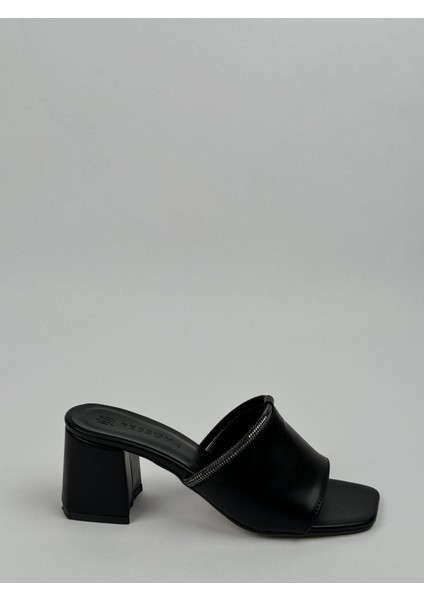 Luna Kadın Siyah Taş Detaylı Bantlı 5 cm Topuklu Terlik