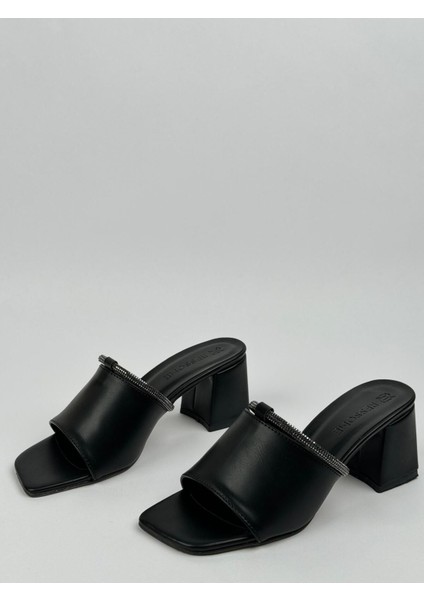 Luna Kadın Siyah Taş Detaylı Bantlı 5 cm Topuklu Terlik fiyatları