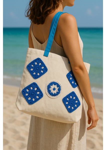 Lacivert Motifli Kanvas Plaj Çantası