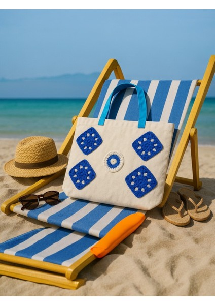 Lacivert Motifli Kanvas Plaj Çantası fiyatları