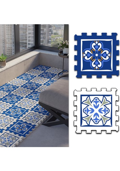Dijital Baskılı Mavi-Beyaz Desenli Edilmiş Balkon Halısı Yolluk Yapboz Puzzle Japon Halı