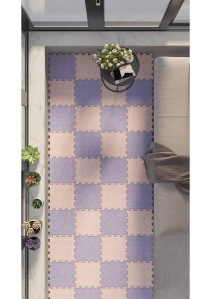 Dijital Baskılı Lacivert ve Pembe Renk ile Modernize Edilmiş Balkon Halısı Yolluk Yapboz Puzzle Japon Halı