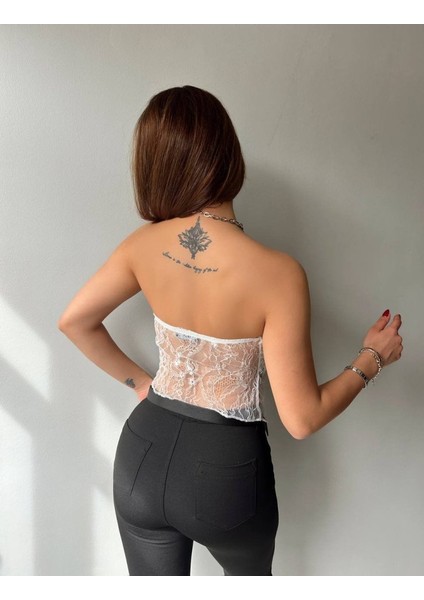 Kadın Göğüs ve Sırt Dekolteli Transparan Dantel Detay Bluz