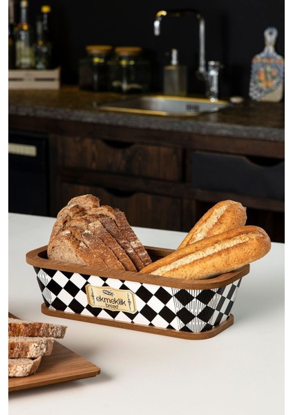 Doğal Ahşap Ekmek Sunum Sepeti - Dama Desen