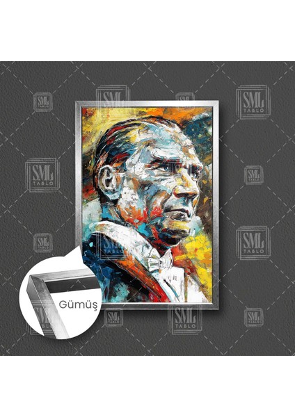 Mustafa Kemal Atatürk Karizma Bakışlı Renkli Portre Çerçeveli Dikey Kanvas Tablo