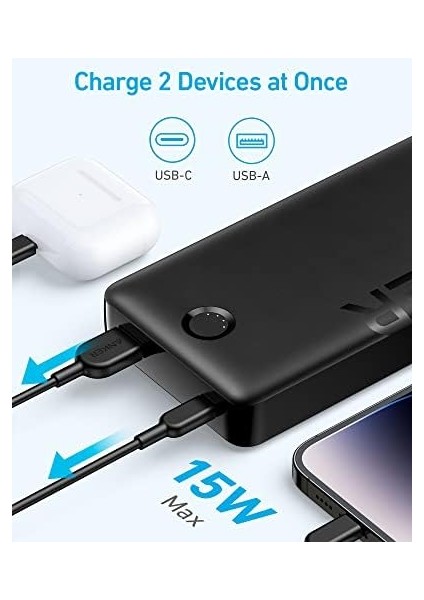 325 Powerbank 20000MAH, Powercore 20K Iı Taşınabilir Hızlı Şarj Cihazı, 15W, 1xusb-C, 1xusb-A, Siyah, A1286 (Anker Türkiye Garantili)